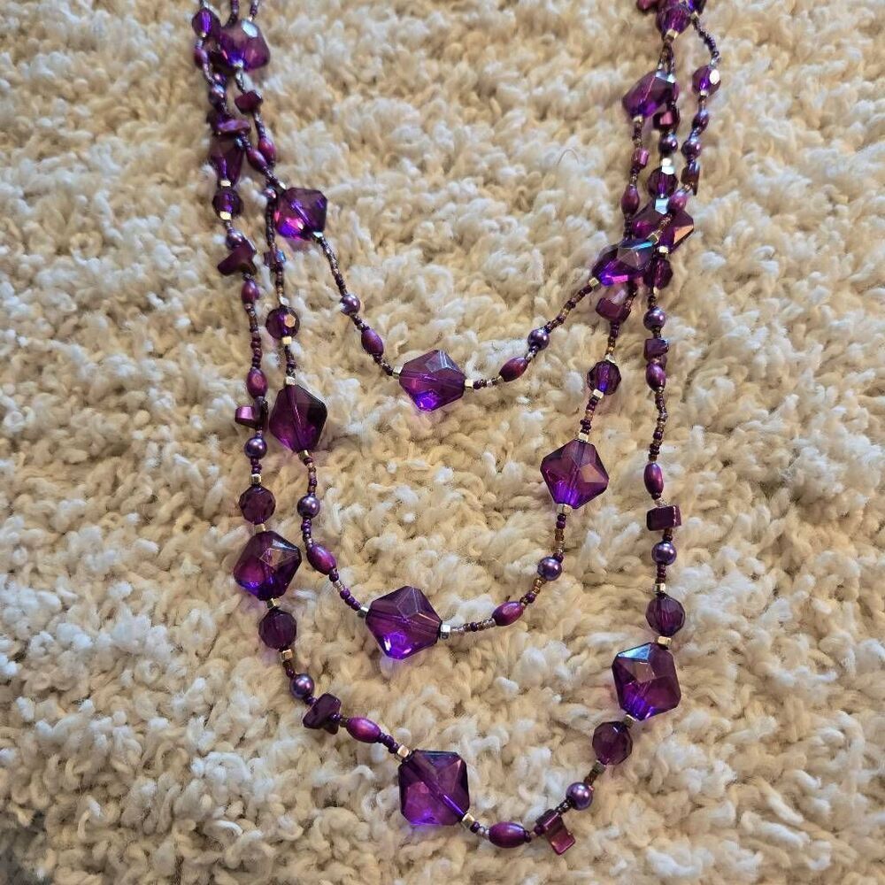 NEW 3 strand Purple Long Necklace Glass & Seed Bead + Earrings